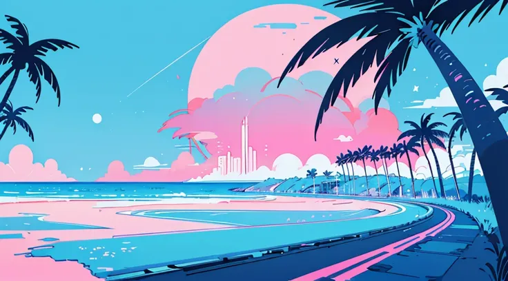 (cyberpunk road by the sea, pink glowing road, starry blue sky, big moon, palm trees), (low contrast, flat color, limited palette)