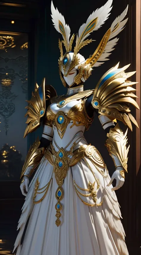 Armor, woman, Greek goddess Hera style, Let the armor be white, With a peacock design, with details of peacock feathers, with a closed helmet, Let the helmet be a bacinete style, Let the armor be without shoulder pads, with a long skirt, that the skirt is ...