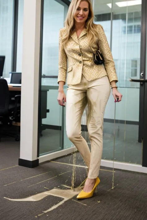 tall blonde, white business pants, heels, ((pee stain)), show heels