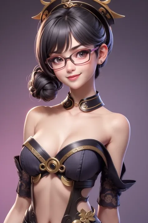 1 cute girl (18yo) glasses, upper body, slim waist, natural small breast, sexy pose, seductive expression, bangs, random hairstyle, cleavage, navel, collar, collarbone, off shoulder, seductive smile, wear intricately detail hot and sexy outfit, geisha cost...