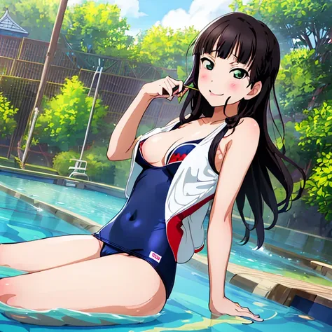 {Best Quality}, {very aesthetic}, {Ultra-detailed}, {Best Illustration}, nsfw, Naughty face, tits out, {nude}, School swim wear, Lots of love juice, Navy blue swimsuit, Japan Student Swimsuit, One Piece Swimsuit