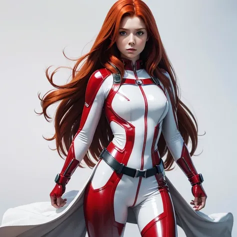 Best quality image, 8k, woman, red hair, Amy pond, superhero, stand,latex suit, white neutral background