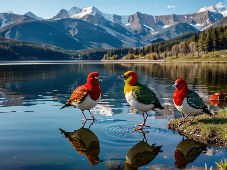 colorful birds in a crystal clear lake