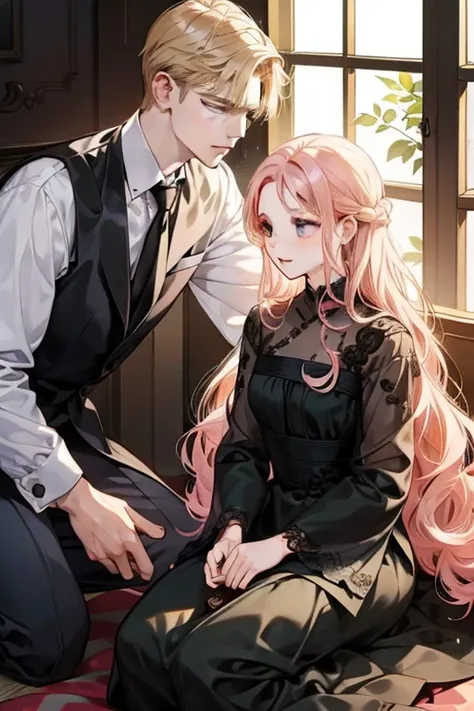 a couple, 1 girl 1 boy, Hair color is different, long black bangs and purple eyes,, short blonde hair and green eyes, Romance, sit on ones knees, Face to face. elegant long dress、masutepiece, Best Quality, 1男孩、女の子1人, short blonde hair, long wavy pink hair,...