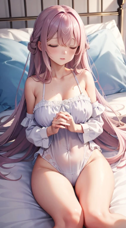 Beautiful illustration、quality、Cute girledrooms、one with pink hair、Long gray hair、Colossal titareleged、eBlue eyes、on top of bed、Lovely thighs、The light is very gentle，Beat the，Lots of sweat，dampnesreast milk leakage，good sleep，closing her eyes，s asleep，Paj...