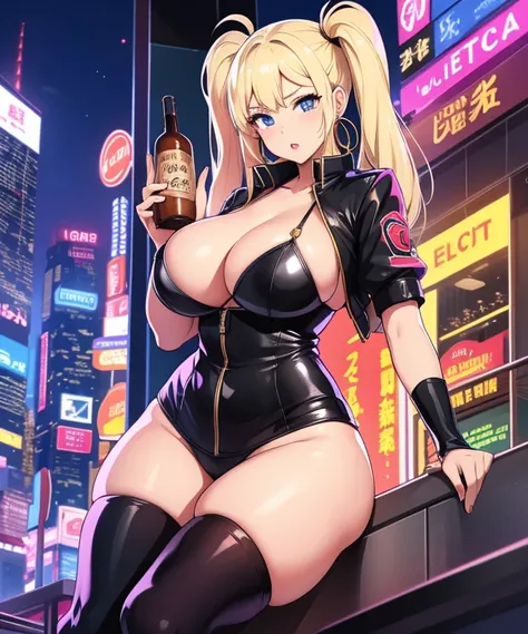 1girl,  (((bimbo))),hoop earrings, puffy lips, painted lips, thick lips. 
blonde hair, short twintails, wide hips, thick thighs, bursting breasts Nightlife, Night city, Cyberpunk city, futuristic cityscape. Neon lights, (skyscraper:1.1), Tokyo tower, palm ...