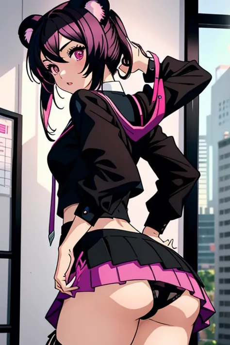 1girl, school girl clothes, long, black hair with hot pink highlights, magenta eyes, sexy, school dxd anime style, pulling up skirt to show ass to camera