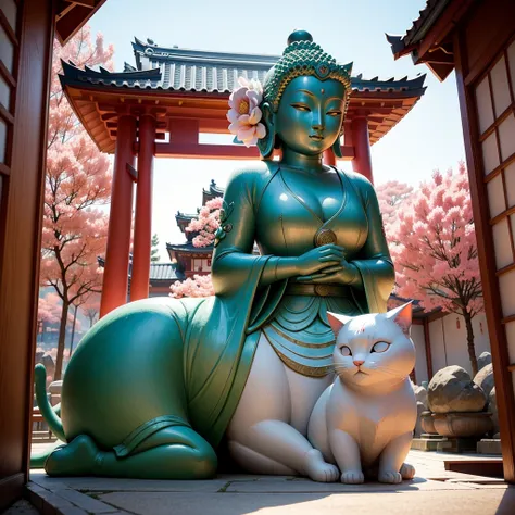 une statue de chat au japon. la statue est dans un temple. elle se trouve à la campaign. les couleurs sont rouges, et blanc. the...