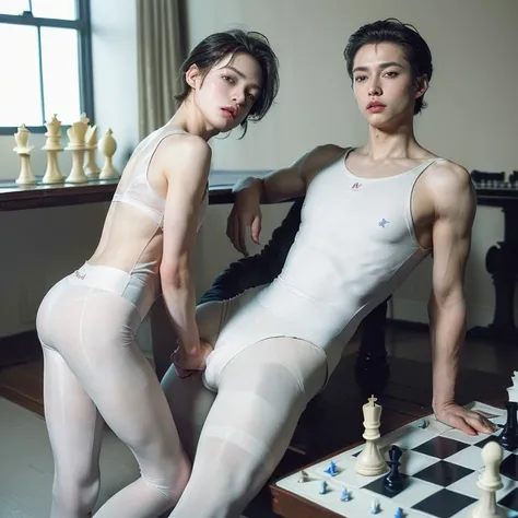 (masterpiece, best quality, dreamlike, hyperrealistic, 2boys, weak androgynous males, ballet tights, male crotch bulge, buttocks, chess ballet, checkmate, white lost, black pawn takes white king:1.35)