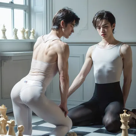 (masterpiece, best quality, dreamlike, hyperrealistic, 2boys, weak androgynous males, ballet tights, male crotch bulge, buttocks, chess ballet, checkmate, white lost, black pawn takes white king:1.35)