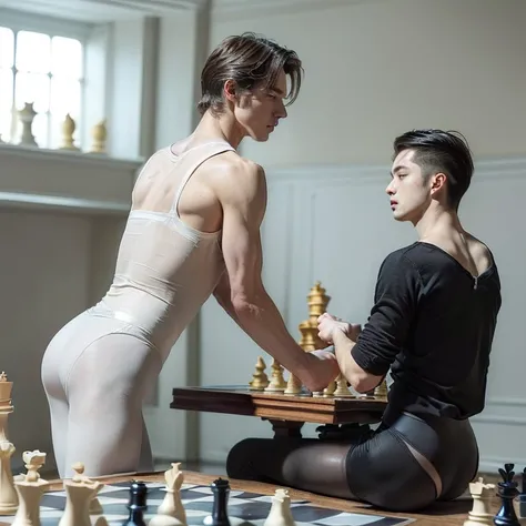 (masterpiece, best quality, dreamlike, hyperrealistic, 2boys, weak androgynous males, ballet tights, male crotch bulge, buttocks, chess ballet, checkmate, white lost, white king surrenders to black pawn:1.35)