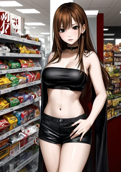 A beautiful adult woman with shoulder-length hair, big breasts, and beautiful legs is standing in a supermarket, blushing, wearing a black umbilical tube top and black panty-like hot pants.。