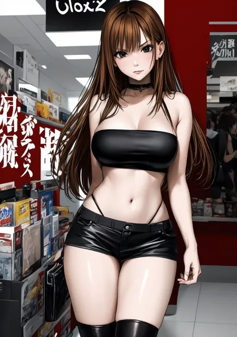 A beautiful adult woman with shoulder-length hair, big breasts, and beautiful legs is standing in a supermarket wearing a black tube top that exposes her navel and hot pants that look like black panties, glaring at an office worker and blushing.。