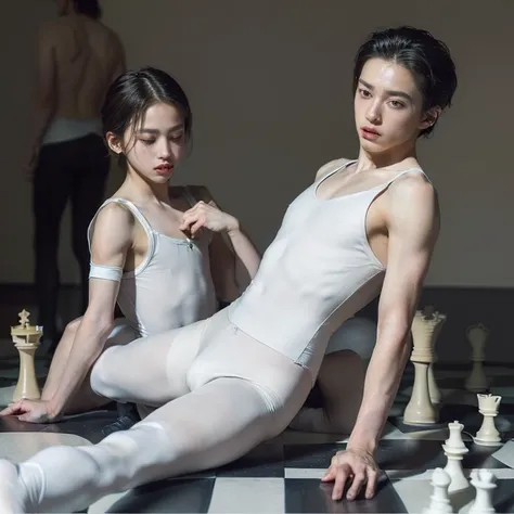 (masterpiece, best quality, dreamlike, hyperrealistic, 2boys, weak androgynous males, ballet tights, male crotch bulge, buttocks, chess ballet, checkmate, white lost, black pawn takes white king:1.35)