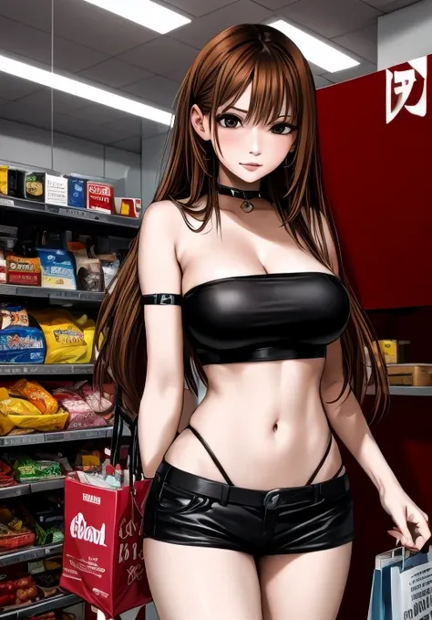 A beautiful adult woman with shoulder-length hair, big breasts, and beautiful legs is wearing a black tube top that exposes her navel and black high-legged hot pants, and is standing shopping at a supermarket cashier with her back turned and blushing.。