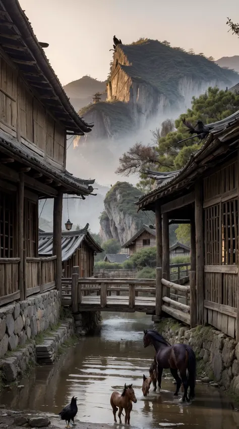 Masterpiece, High Quality, high resolucion,8K, Chinese painting ,, withered vine, three ((wood)), Twilight ((crow)) free pop sounds,, ((Small bridge)), flowing water, (((rustic house))),  (horse:1.6),, A chilly wind blows from the west. ((ancient road)),, ...