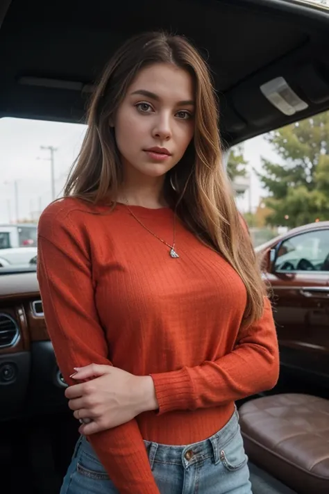 Extremely realistic Russian girl with blonde hair and blue eyes, wearing a red jumper, entire upper body, not portrait Next to the Rolls Royce car