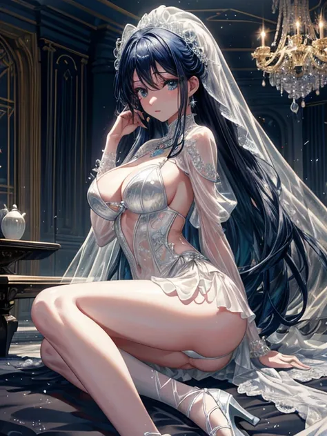 （（Realistic illumination，top Quority，8K，tmasterpiece：1.3）），Clear focus：1.2，1个Giant Breast Girl，Perfect beauty：1.4，Slim abs：1.1，（（long dark white hair，The large：1.2）），（Torn dress：1.3，white transparent full leg stockings：1.2，Mesh transparent white panty inte...