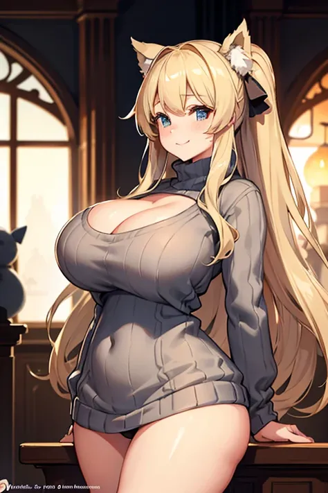 hight resolution, absurdress, hiquality, 1girl, 独奏, Count Zeppelin /(kancolle/), gray eyes, blonde hair, (large breasts:1.3), sweater, grey sweater, (pantyhouse:1.4,) Standing, warm, Dark room, slight smile, Huge ass, wide hips, bubble butt, chubby butt, S...