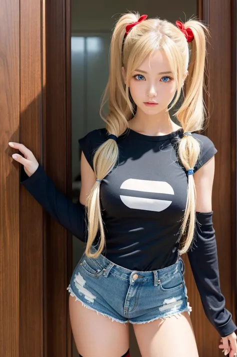 (masterpiece、best quality、extremely detailed 8k、ultra hd、ultra-detailed、highly detailed、highly realistic、photo realistic)、(beautiful realistic face、detailed realistic face)、Extraordinary sexy beauty、1girl, 16yo, blonde hair, very long hair, twintails, red ...