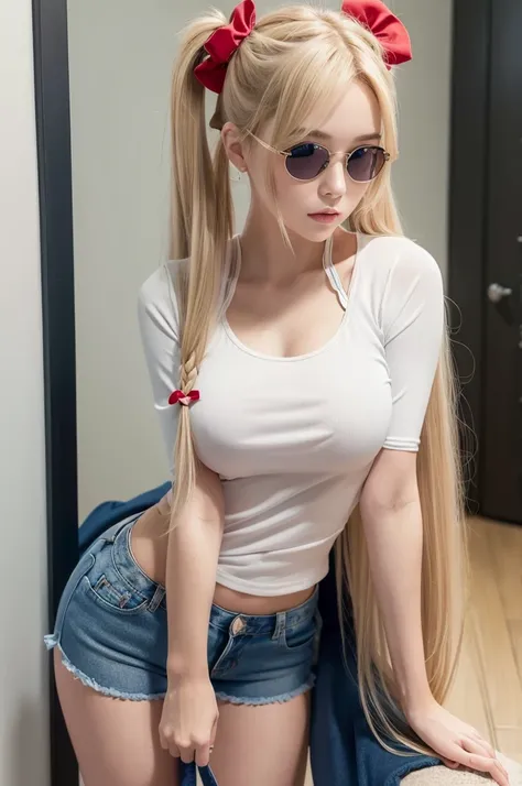 (masterpiece、best quality、extremely detailed 8k、ultra hd、ultra-detailed、highly detailed、highly realistic、photo realistic)、(beautiful realistic face、detailed realistic face)、Extraordinary sexy beauty、1girl, 16yo, blonde hair, very long hair, twintails, red ...