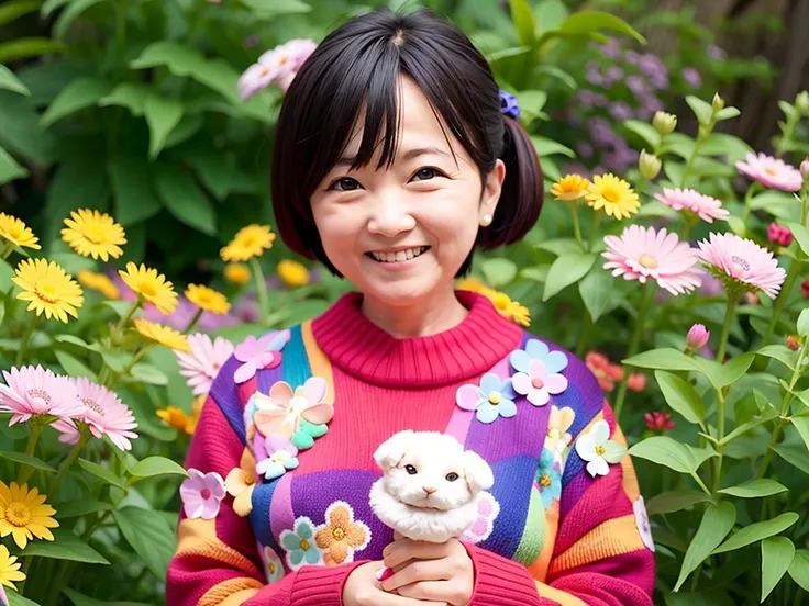 wearing a colorful sweater、smiling woman holding button with flowers on background, kiyoko suzuki, she is about 7 0 years old, k...