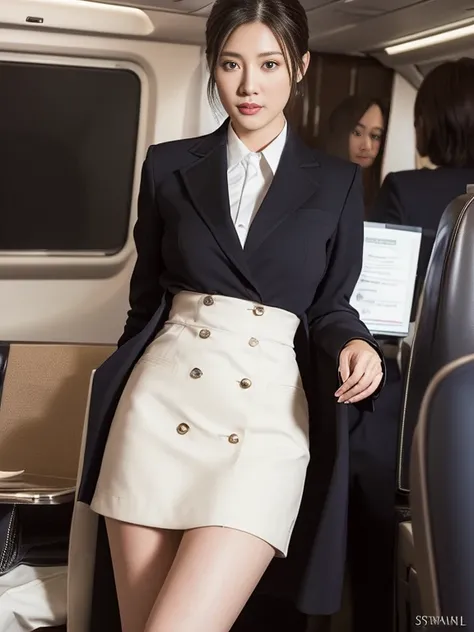 (1 Ultimate Beautiful Mature Woman), hyperdetailed face, Detailed lips, Detailed eyes, 二重まぶた, Black bob hair, (Stewardess uniform:1.2), (large full breasts), (thin-waist), (ssmile), thighs thighs thighs thighs, (Standing), Perfect fit, Perfect image realis...