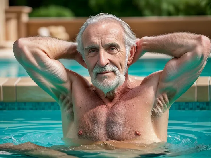 john glover, an elder with a long beard and white hair, with a serene face wrinkles, looking producing, body older weak, skinny ...