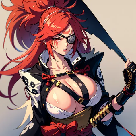 (masterpiece:1.3),(highly detailed:1.3),(highres:1.1),best quality,Ultra-detail,1girl,katana,solo,jelobaiken,huge breasts,amputee,eyepatch,one-eyed,black jacket,black kimono,open clothes,japanese clothes,sash,