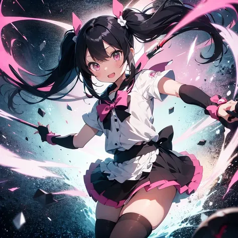 Anime style, 1girl, twintail, anatomically correct, magical girl holding a staff, black hair, skirt, stockings, vibrant pink black and white, on fabric white silhouette of snake on black.