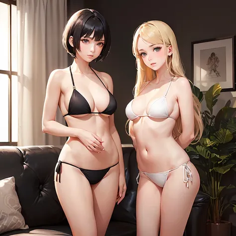 masterpiece, best quality, ultra detailed, beautiful face, beautiful skin, professional lighting, 2girls, (((on the right is a very flat chest black bikini girl with short black hair))), (((a little further away on the left is a large breasts white bikini ...