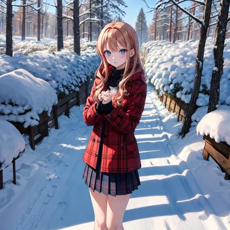 red blonde、blue eyess、one good looking girl、独奏、animesque、Plaid miniskirt、Black T-shirt、coat、the woods、Sunlight、Looks cold、Snow is piled up、kicking snow、Wearing a muffler、Gah