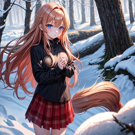 red blonde、blue eyess、one good looking girl、独奏、animesque、Plaid miniskirt、Black T-shirt、coat、the woods、Sunlight、Looks cold、Snow is piled up、kicking snow、Wearing a muffler、Gah