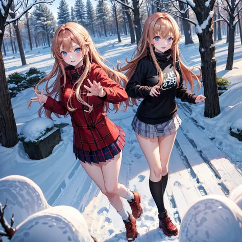 red blonde、blue eyess、one good looking girl、独奏、animesque、Plaid miniskirt、Black T-shirt、coat、the woods、Sunlight、Looks cold、Snow is piled up、kicking snow、Wearing a muffler、Gah、Rime