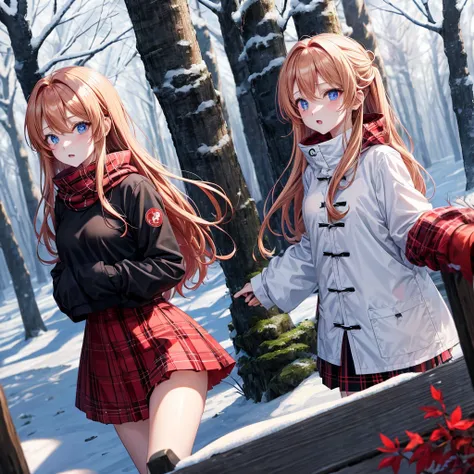 red blonde、blue eyess、one good looking girl、独奏、animesque、Plaid miniskirt、Black T-shirt、coat、the woods、Sunlight、Looks cold、Snow is piled up、kicking snow、Wearing a muffler、Gah、Rime