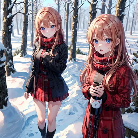 red blonde、blue eyess、one good looking girl、独奏、animesque、Plaid miniskirt、Black T-shirt、coat、the woods、Sunlight、Looks cold、Snow is piled up、kicking snow、Wearing a muffler、Gah、Rime、Frolicking、Falling