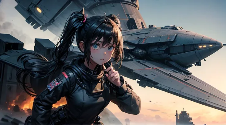 a teenager girl in black pigtails, spaceship, space ship, futuristic