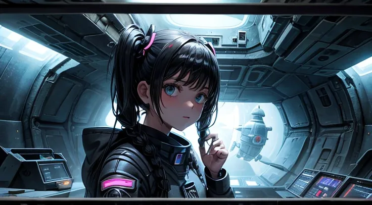 a teenager girl in black pigtails, spaceship, space ship, futuristic