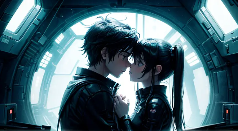 a teenager girl in black pigtails kissing an emo teenager male guy, spaceship, space ship, futuristic