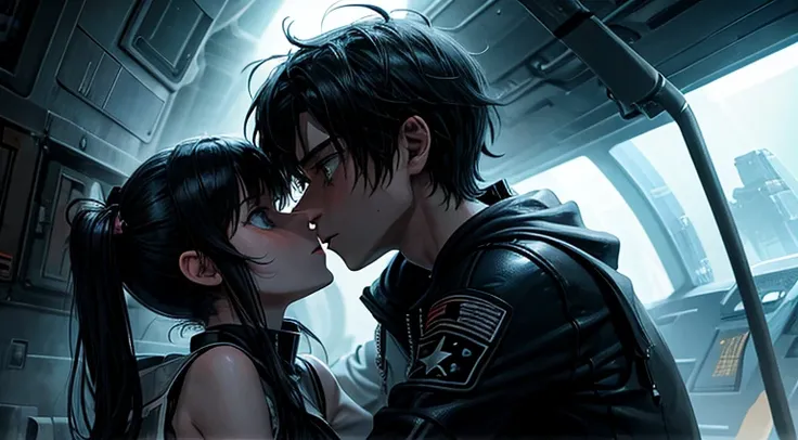 a teenager girl in black pigtails kissing an emo teenager male guy, spaceship, space ship, futuristic