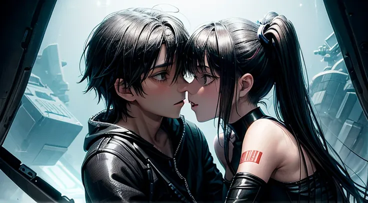 a teenager girl in black pigtails kissing an emo teenager male guy, spaceship, space ship, futuristic