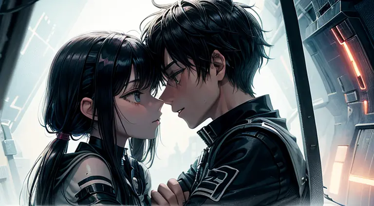 a teenager girl in black pigtails kissing an emo teenager male guy, spaceship, space ship, futuristic