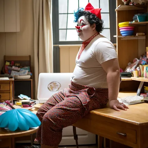 clown guy gets fat. he got as fat as he could&#39;Stand up. his body became round. the reason he gained weight、&#39;Full of cake.I&#39;m on a fat desk with a desk in front of me.