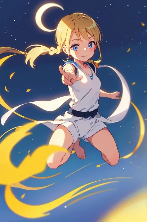 Draw a small smiling child with blue eyes in a white karate suit with long sleeves and a black belt in a powerful jumping scene in motion. no chest. The karate suit has long sleeves and long pants. The child is a little girl. She has shoulder-length blonde...