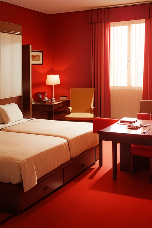 bedroom, with curtains, large kind size bed, chair, table, lamp, window, carpet, in red variations, top quality, five star hotel...