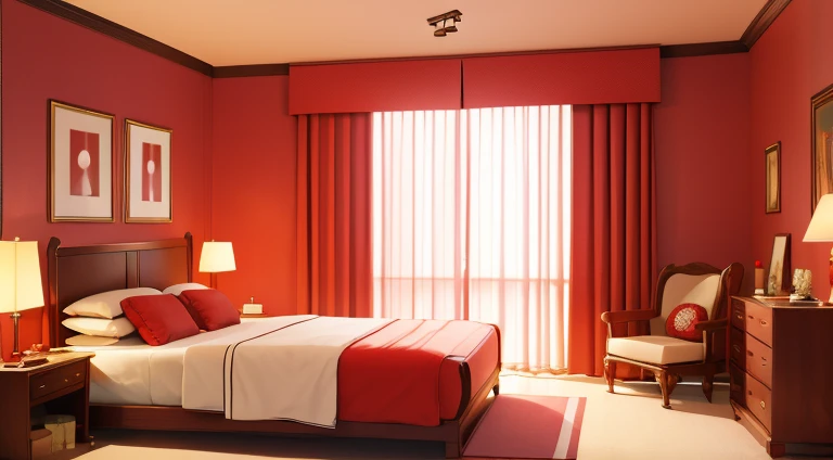 bedroom, with curtains, large kind size bed, chair, table, lamp, window, carpet, in red variations, top quality, five star hotel...