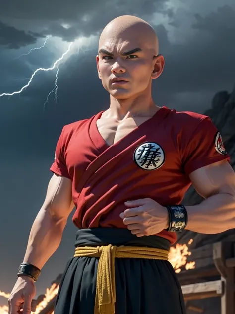 masterpiece, best quality), intricate detail, 8k, art station, wallpaper, official art, splash art, storm in the background, sharp focus, 1boy, (photorealistic:1.2) (bokeh) (best quality) (detail skin:1.3) (intricate detail) (8k) (detailed eyes) ( krillin ...