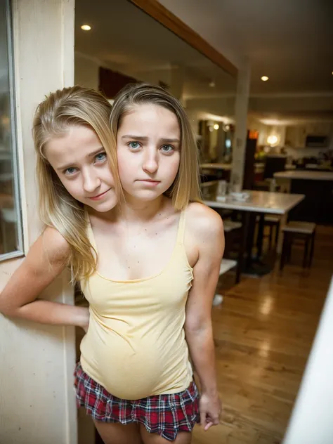 2heads, two headed girl, (13 year old girl and a 15 year old girl:1.5), (a blonde and a brunette:1.3), (uncomfortable and annoyed:1.3), pregnant