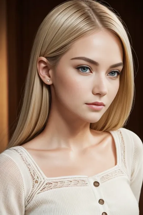 Realistic photo of a beautiful woman with a round face and high cheekbones, she has a cute button nose and small jaw, with large beautiful pale eyes, she has dark brows and white blonde hair, she has a compact strong body with beautiful legasterpiece), (ph...