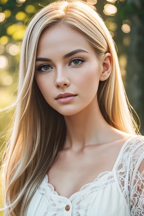 Realistic photo of a beautiful woman with a round face and high cheekbones, she has a cute button nose and small jaw, with large beautiful pale eyes, she has dark brows and white blonde hair, she has a compact strong body with beautiful legasterpiece), (ph...